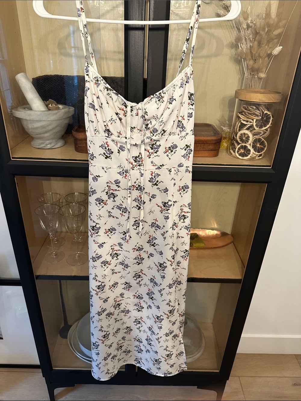 Floral Slip Dress - White with Blue & Pink Print
